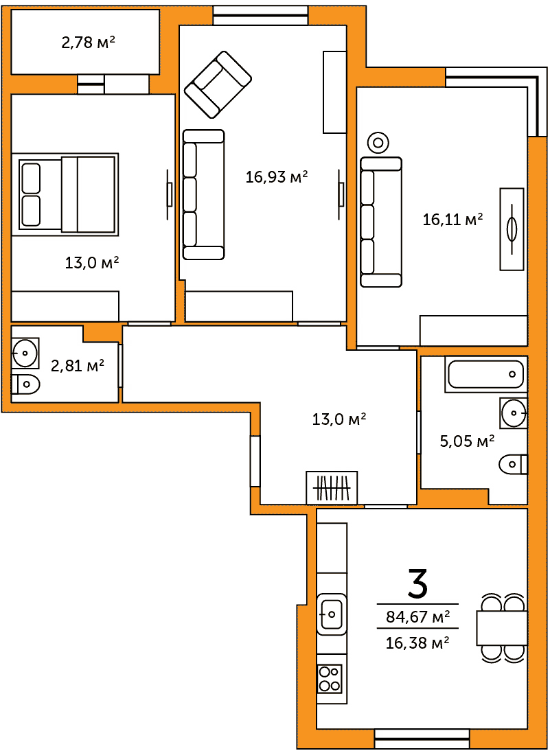 План трехкомнатной квартиры
