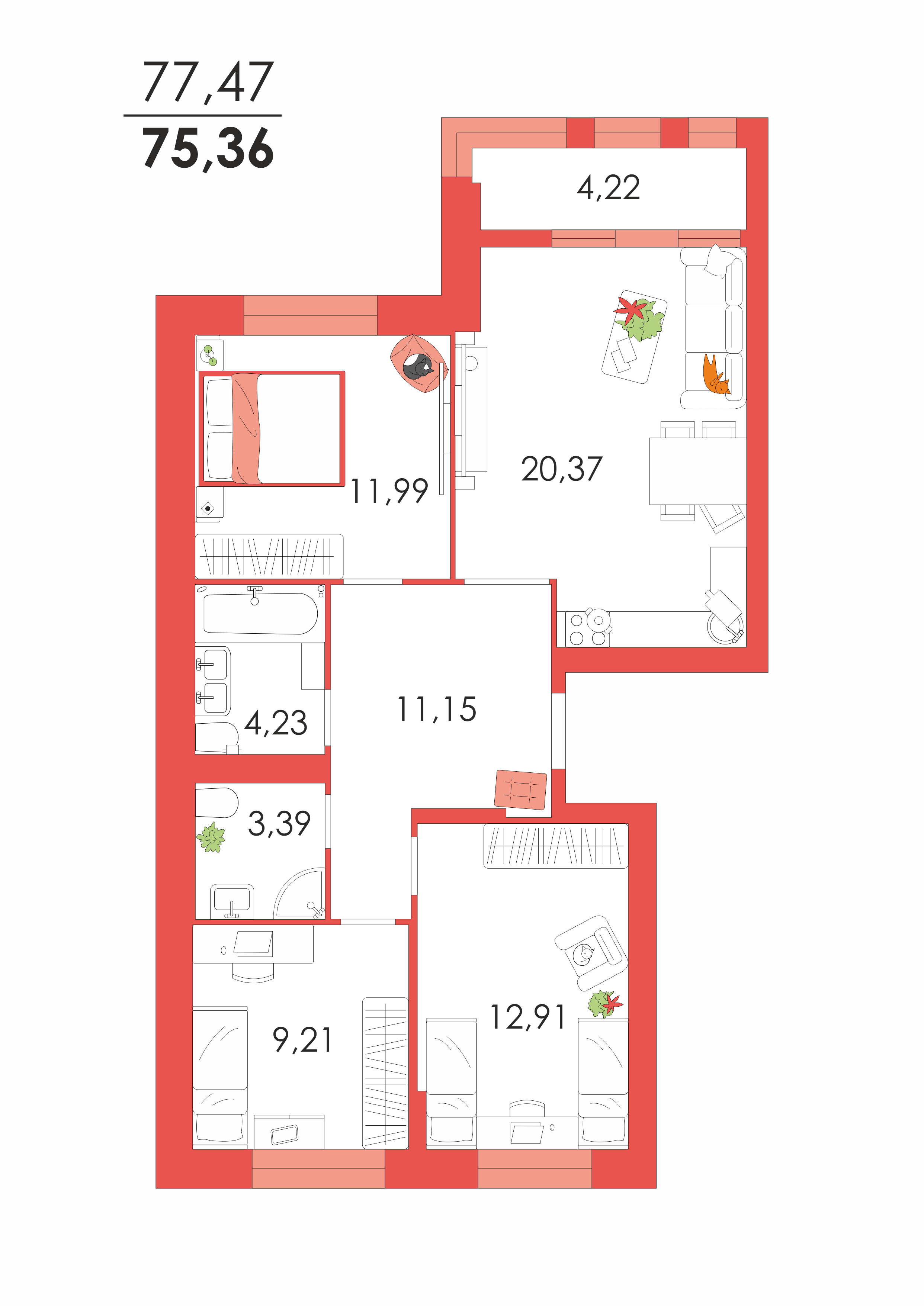 План трехкомнатной квартиры